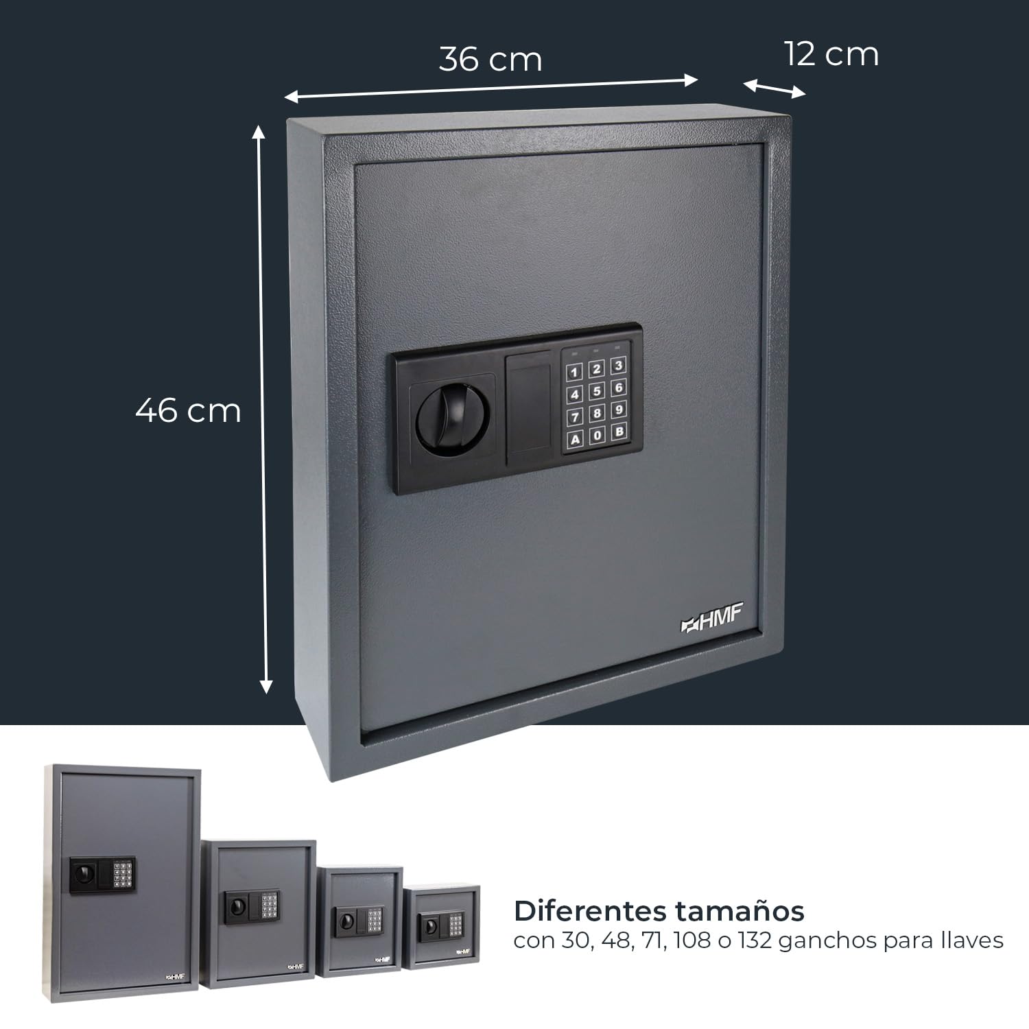 HMF Caja Fuerte para Llaves con Código Electrónico, Armario Guardallaves con Cerradura Digital | 71 Ganchos | 46 x 36 x 12 cm | Antracita
