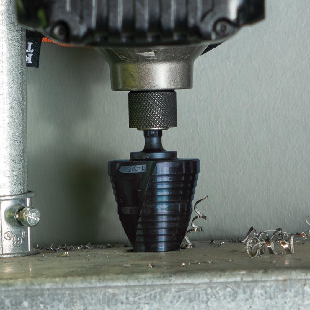 Klein Tools QRST15 wiertło stopniowe, spirala szybkiego uwalniania, podwójnie gwintowana, 7/8 do 1-3/8 cala, chwyt sześciokątny, stal cięta, drewno, plastik, aluminium