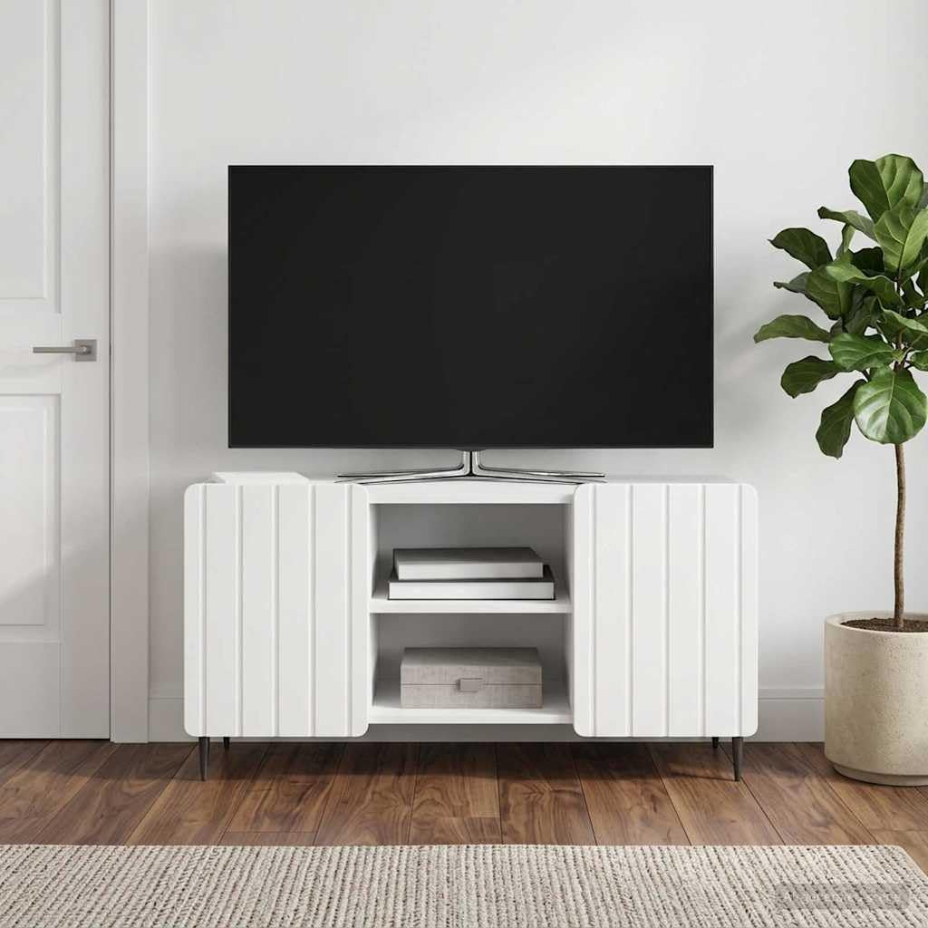 Biały mebel telewizyjny o wysokim połysku, szerokość 102 cm, z miejscem do przechowywania i zarządzaniem kablami, materiał drewnopochodny, nowoczesny kredens do salonu, konsola medialna
