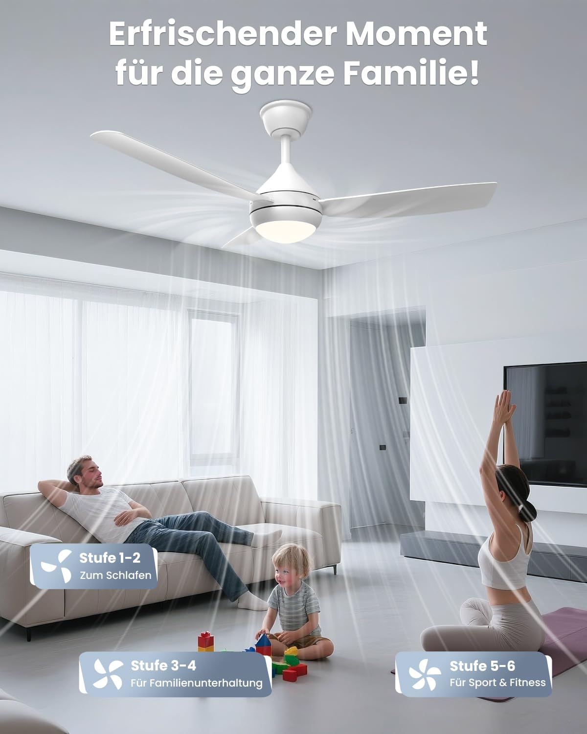 Airwit 106cm Steckflügel Deckenventilator mit Beleuchtung, Leise, Weiß, Dimmbar, Fernbedienung