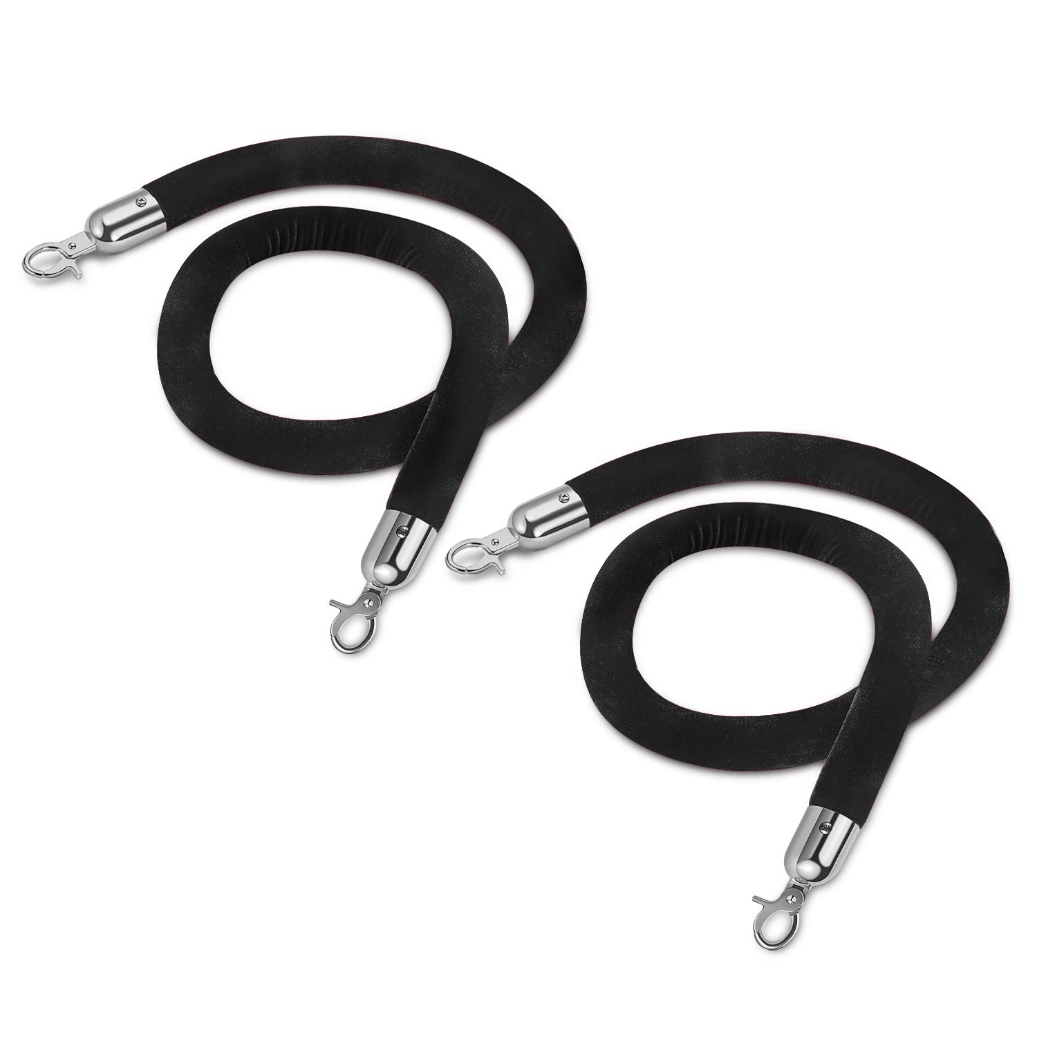 Flexzion Velvet Stanchion Rope (5FT, 2 Pack) 1.5" Thick Black Cord for Ball Crown Top Style Barriers Post, Crowd Queue Line Safe Control, Round Velour with Silver Plated Polished Snap Hook