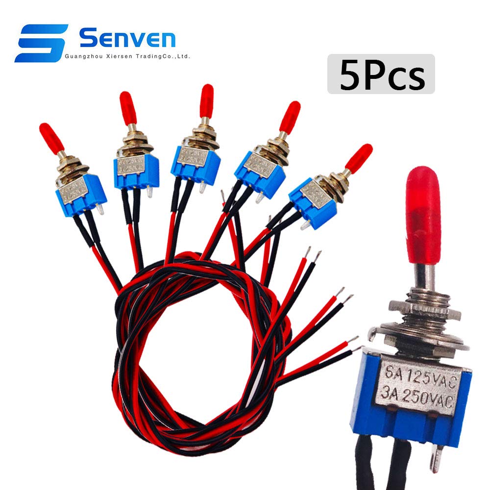 Senven 5pcs Professional Car Mini Toggle Switch with Pre-Wired, On-Off 2-Position 3-Pin Spst 3v/5v/12v/220v/240v for Cars, Trucks, Boats, Dashboards - 3a 250vac / 6a 125vac