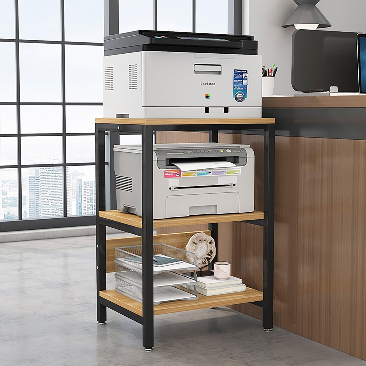Estructura de Metal Soporte de Impresora de 3 Niveles Estantería de Madera para Impresoras Mesa con Estantes para Oficina en Casa y Espacio de Trabajo(Black,H*W70*40cm/27.5 * 16")