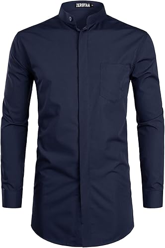 ZEROYAA Camisa hipster de manga larga con cuello de banda y bolsillo para hombre