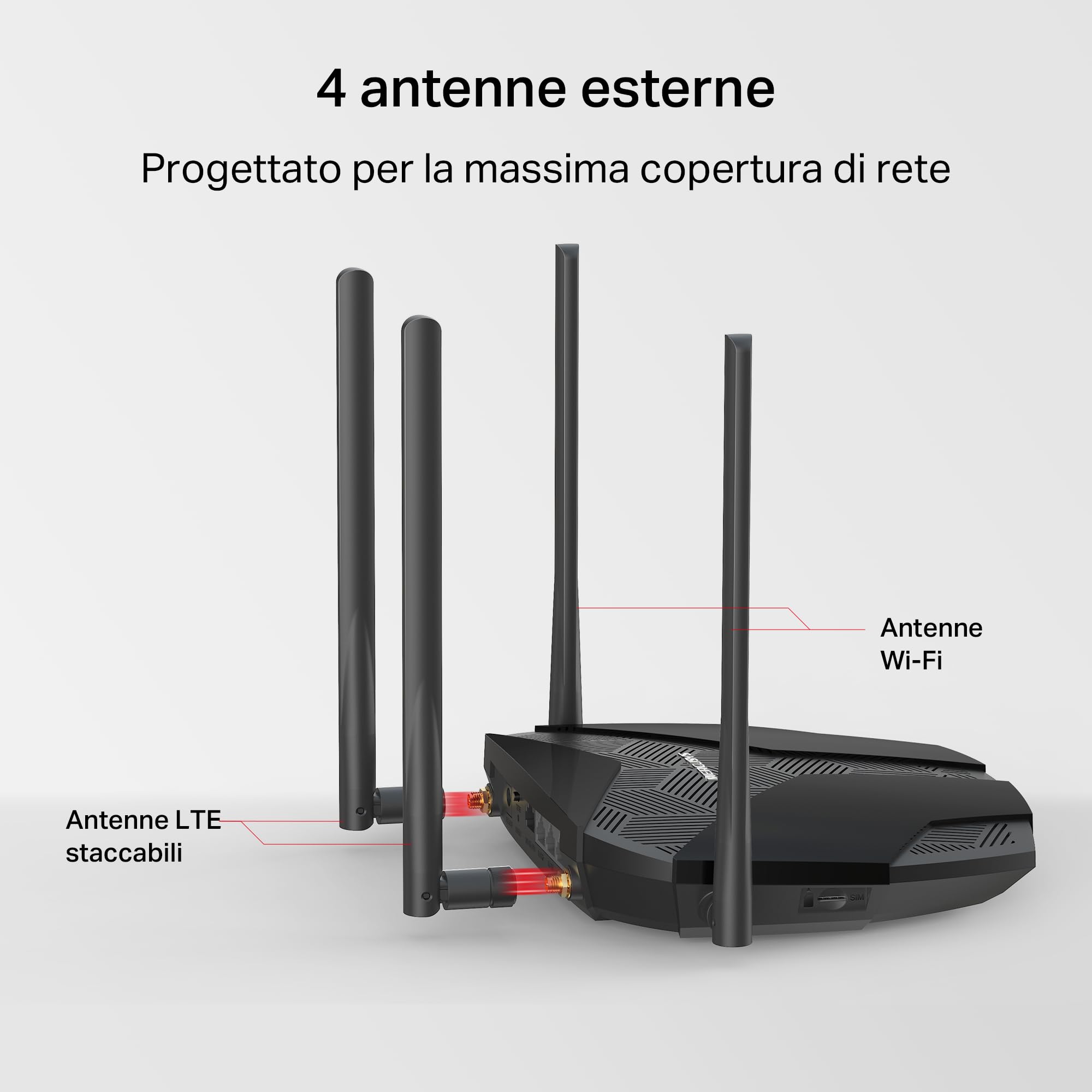 Mercusys MB235-4G Router WiFi con Sim, 4G+ Cat6 AC1200Mbps, 4 Antenne Ad Alto Guadagno, 1 Porta LAN/WAN + 3 Porte LAN Gigabit, WAN Backup, Parental/LED Control, SMS, APP, Plug & Play
