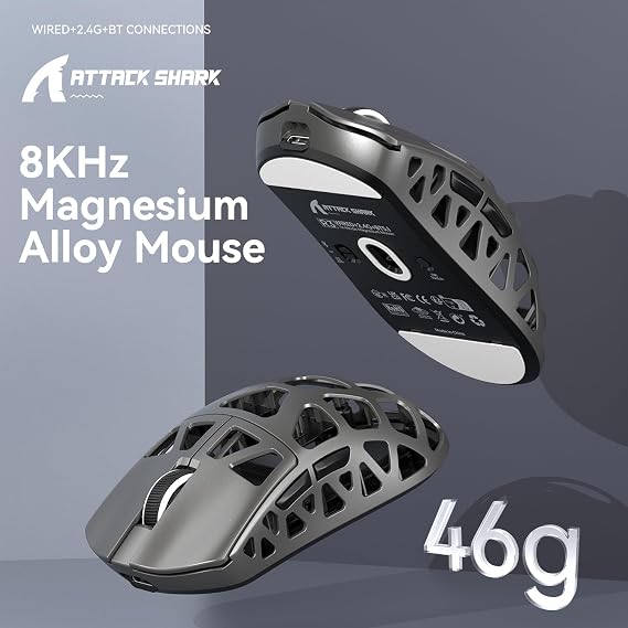 ATTACK SHARK R3 Magnesium Alloy Wireless Gaming Mouse – 46g Ultra Light, PixArt PAW3395 Sensor, 8K Response Speed, BT/2.4G/Wired Triple Mode, 26000 DPI, Windows/Xbox/PS Compatible - Silver Gray