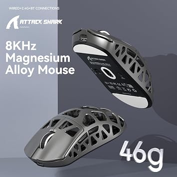 ATTACK SHARK R3 Magnesium Alloy Wireless Gaming Mouse – 46g Ultra Light, PixArt PAW3395 Sensor, 8K Response Speed, BT/2.4G/Wired Triple Mode, 26000 DPI, Windows/Xbox/PS Compatible - Silver Gray