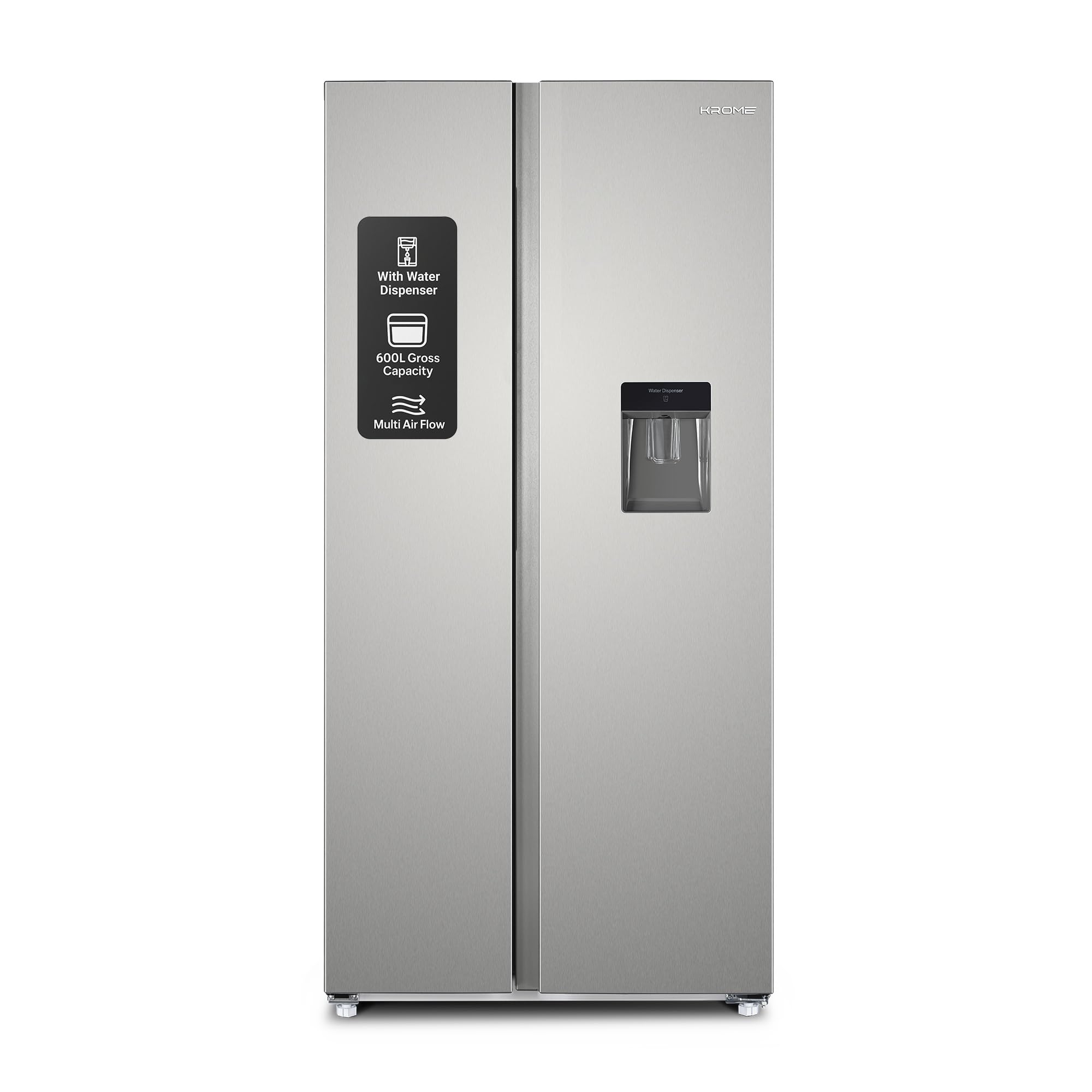 Krome600Liters Gross,Side by Side Refrigerator with Water Dispenser,Multi Air Flow,Door Alarm,Recessed Handle,No Frost,Electronic Touch Temperature Control,Inox,10Year Compressor Warranty KR-SBS600WM