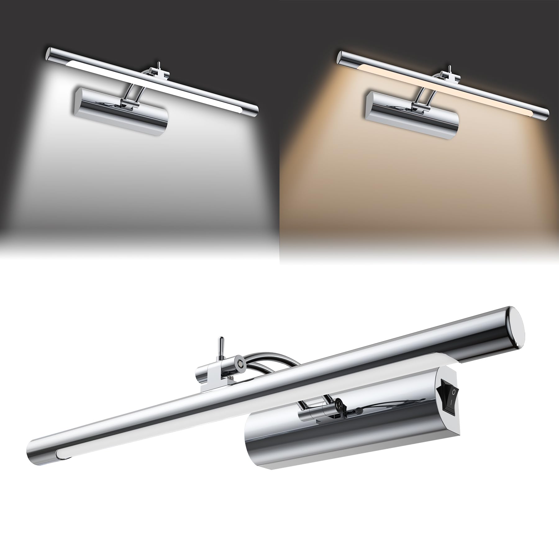 UISEBRT 10W 40cm Lámpara LED para espejo de baño, tubo fluorescente ajustable 180°, base con interruptor, plata Lámpara de baño para iluminación de pared y espejo, tipo C luz blanca fría