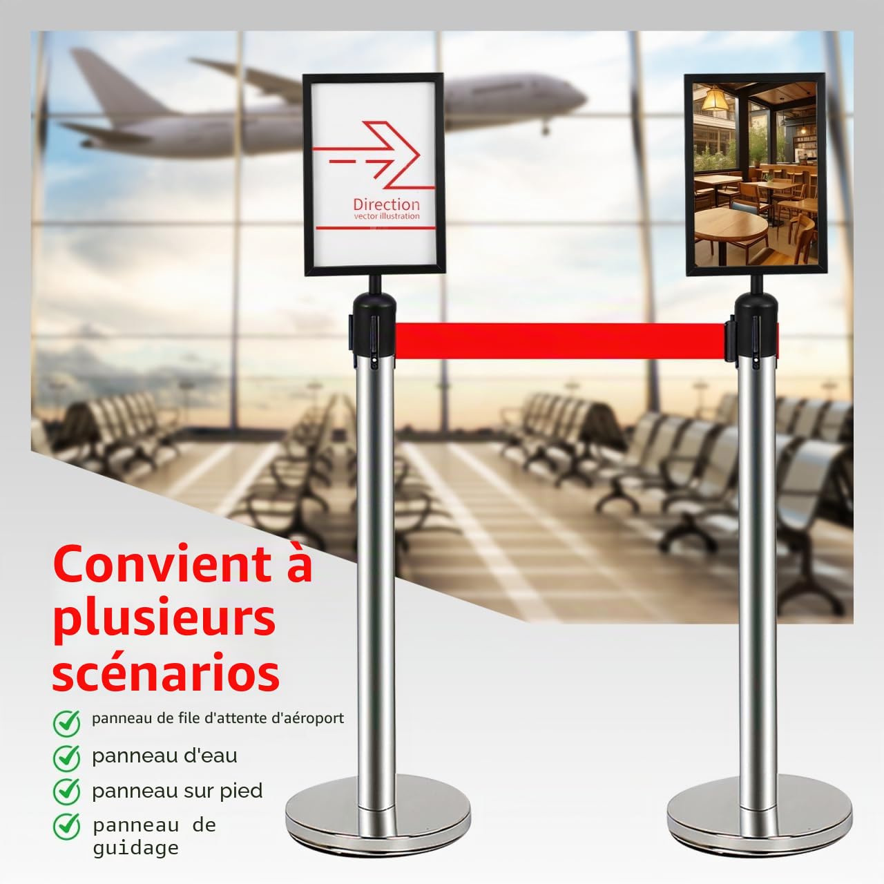Operitacx Porte-Affiche Vertical Rétractable Acier Inoxydable Avec Ceinture Support Panneau A4 Pour File D'Attente Aéroport Bureau Événements