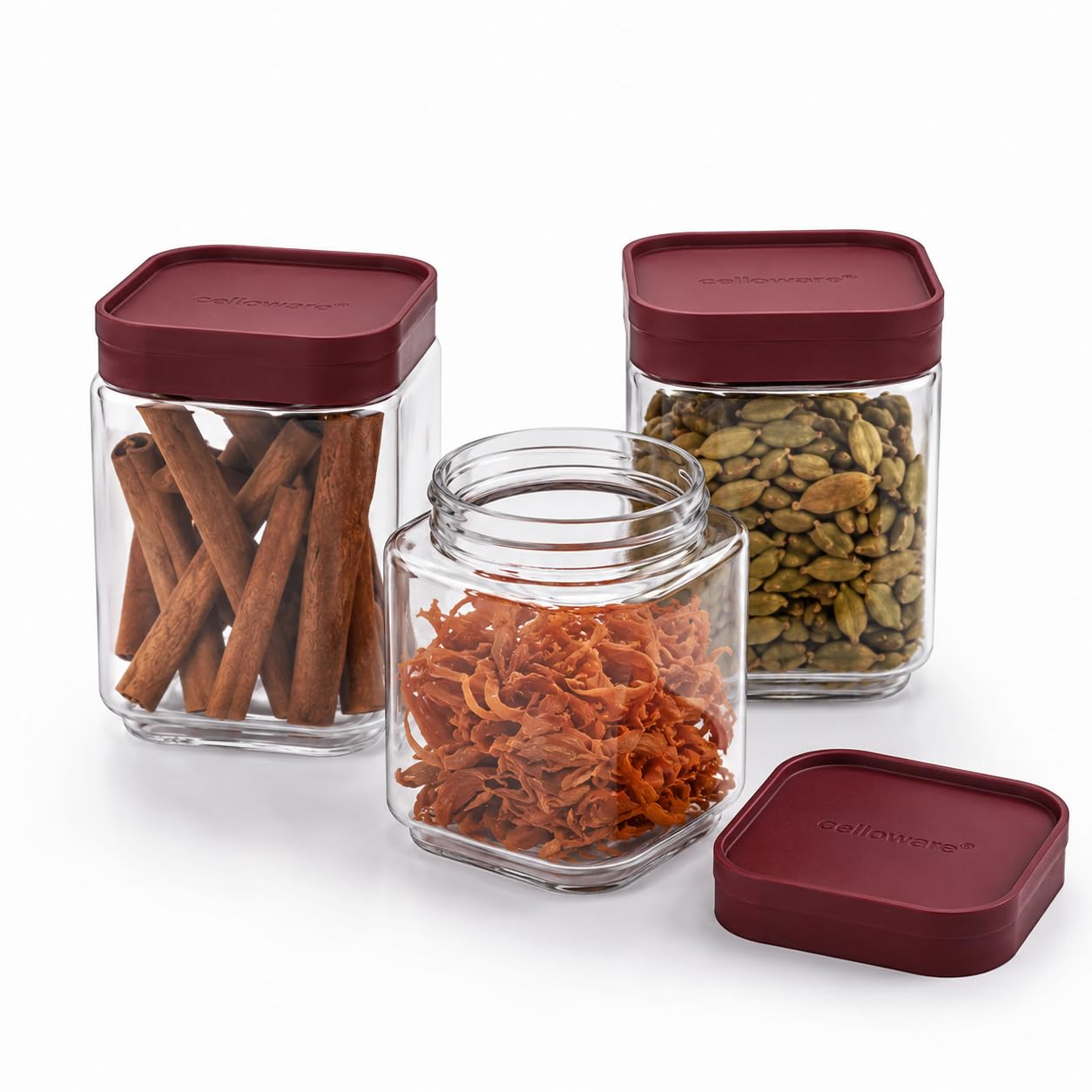 CELLO Modustack Square Storage Containers Set of 3, (300mlx3), Maroon |Food Grade, Stackable, See Through Pet Kitchen Organizer| Perfect For Storage of Food, Pulses, Spice, Cereals, Cookies,Dry Food
