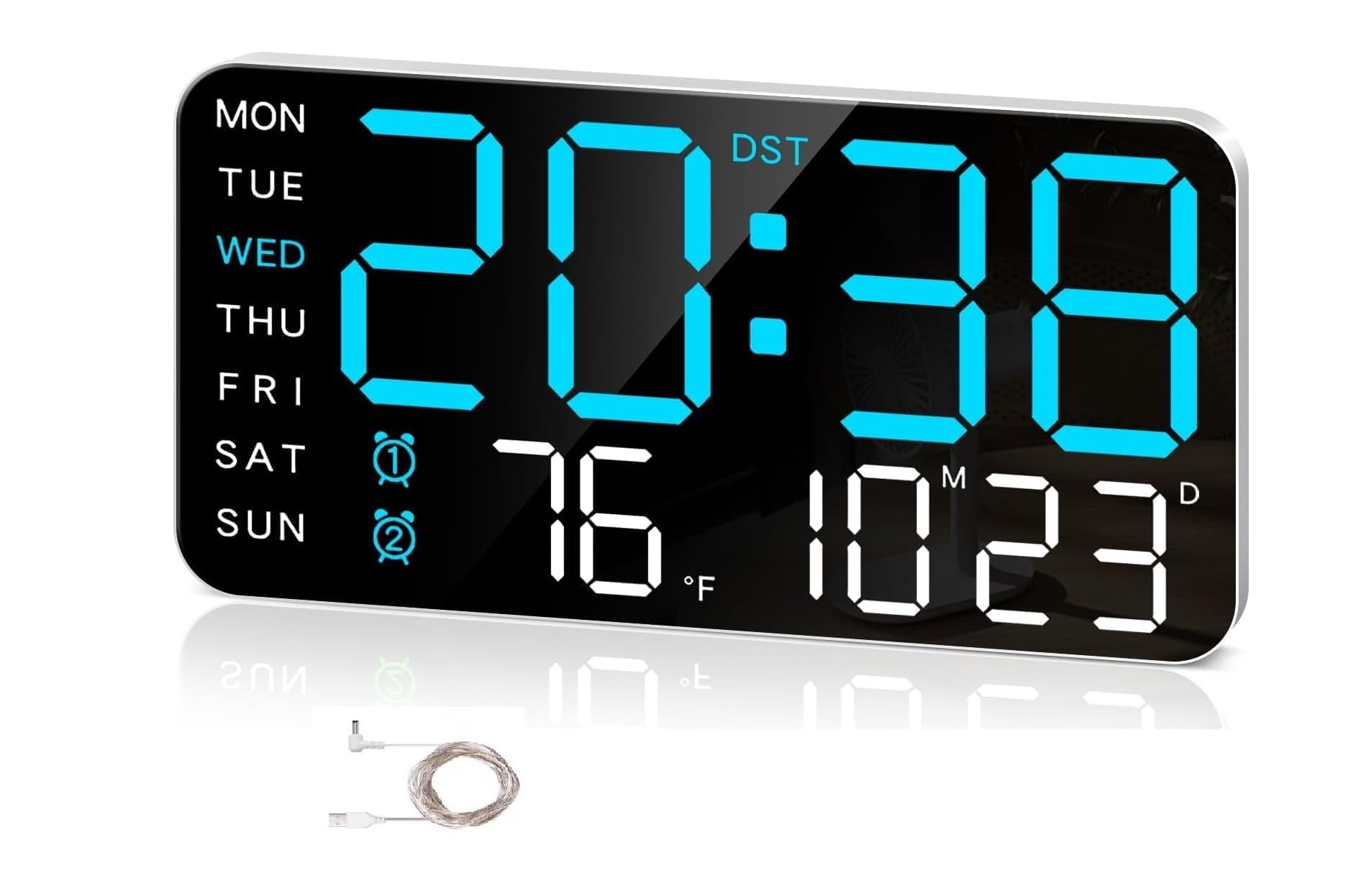 Digital Wall Clock for Hall |LED Digital Clock for Wall with Time, Date & Day | Temperature, Dual Alarms, Voice Control, Adjustable Brightness | USB Powered for Bedroom & Office (9" REC BLUE+WHITE)-image-41