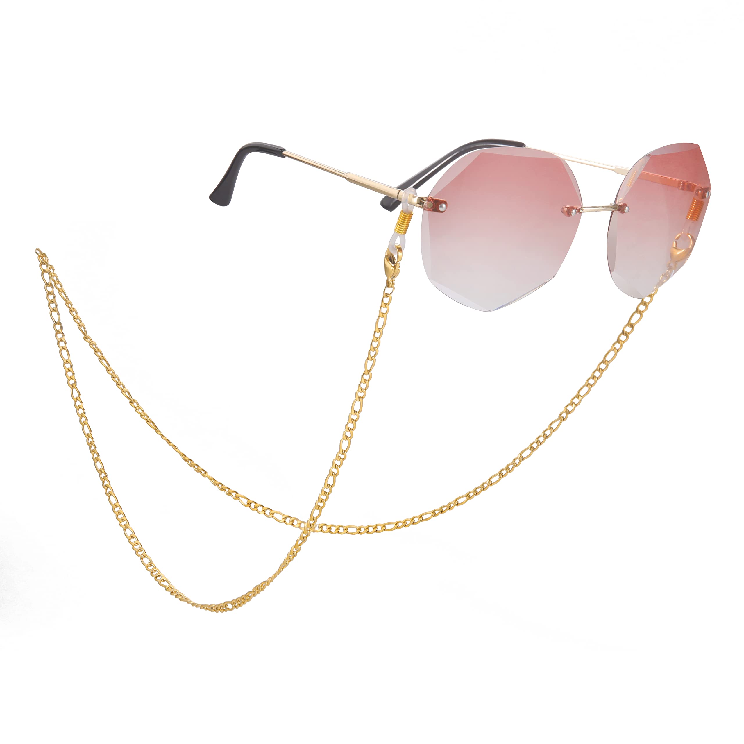 Dreamtimes Figaro Cadena para gafas Cordón de acero inoxidable Cadena de acero en forma de caja de cuentas para gafas de caballero Chapado en oro Cuelga gafas de sol de caballero Correas de