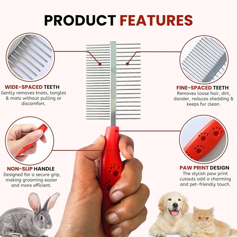 PSK PET MART Double Side Steel Needles Comb for Dogs and Cats - (Paw Dual Comb) | Grooming Rake Shedding for Dogs, Cats - Cleaning Supplies (Color May Vary) 2