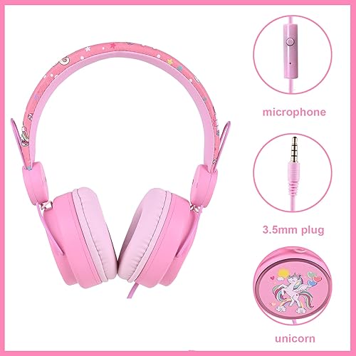 Miniatura 4 de KORABA Auriculares de unicornio para niñosescuela, con cable, ligeros, con micrófono, para clases en líneaestudio (unicornio rosa)