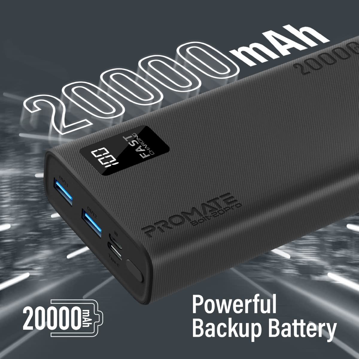 Batería Externa Bolt-20Pro Powerbank Ultra-Slim 20000mAh 3-en-1 Dos Puertos USB-A Puerto USB-C 10W Pantalla LED Inteligente Multiprotección Negro