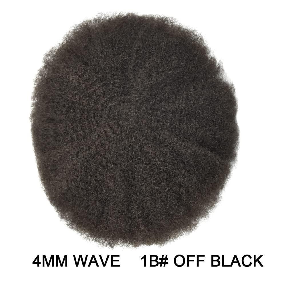 Hair Unit for Black Men Afro Toupee Curly Hair Replacement System Hair Piece African American Man Weave Hairpiece (1B# Natural Black, 4MM Afro Wavy)