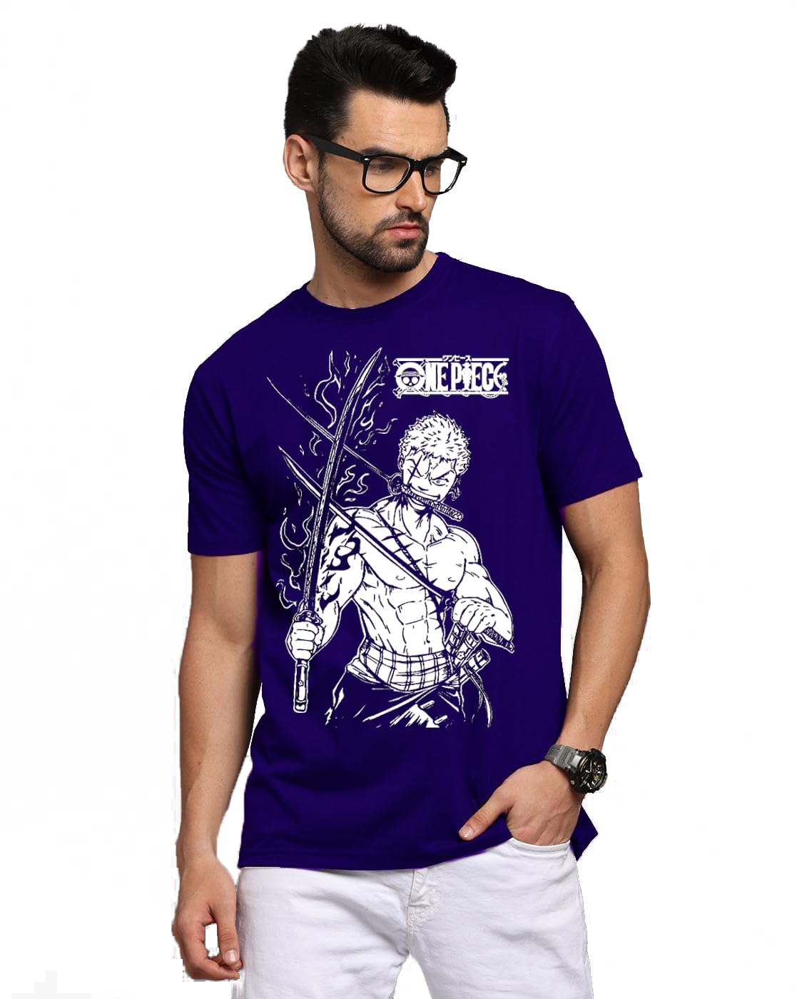 Anime One Piece Luffy Gear 2nd Cotton Blend Printed Half Sleeve Black, Navy Blue T-Shirt for Men's/Boy's