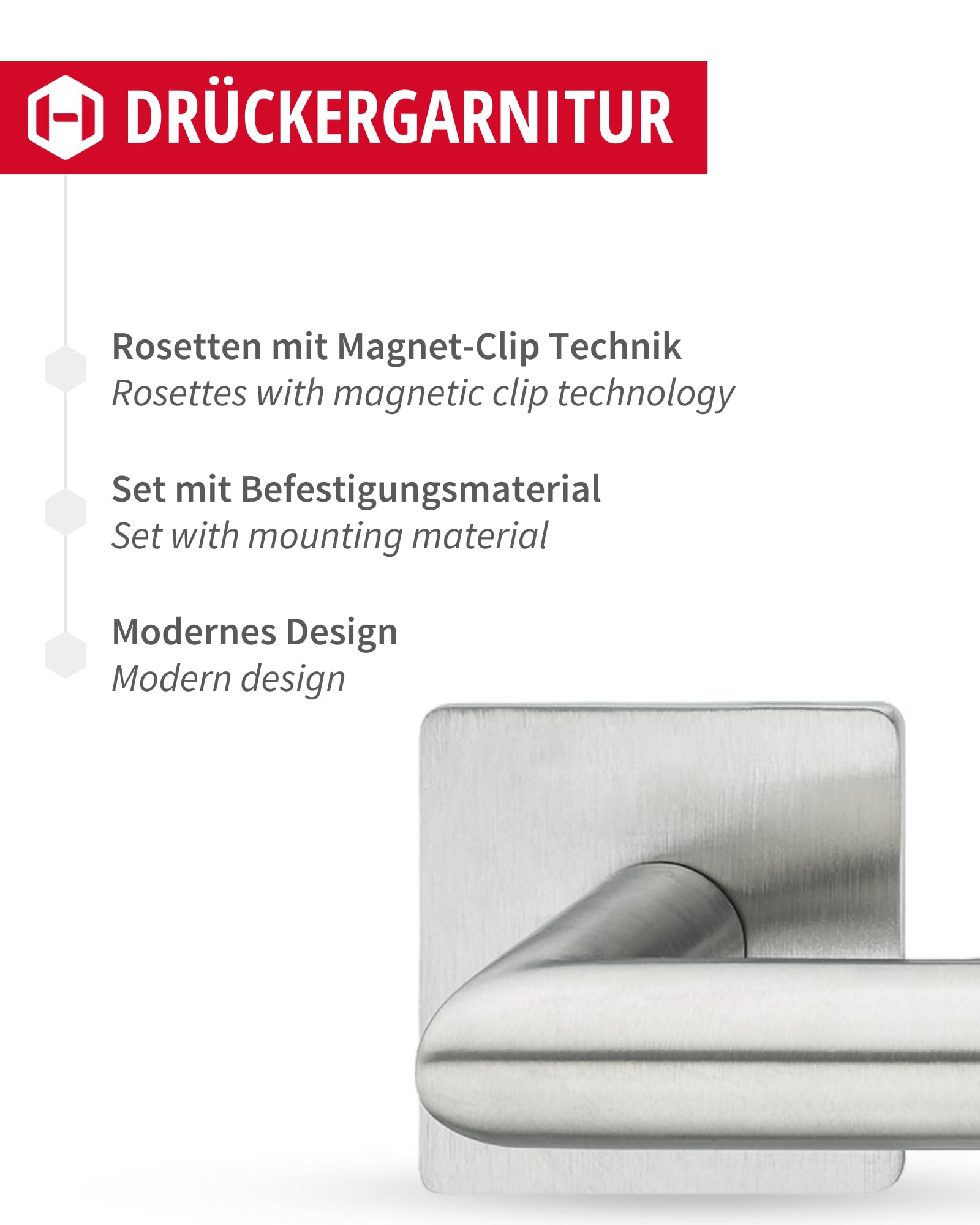 Gedotec Juego de manillas de acero inoxidable | 1 juego de herrajes para puerta interior + exterior, incluye material de fijación | LDH 3171 | Picaporte para puerta de acero inoxidable cepillado mate