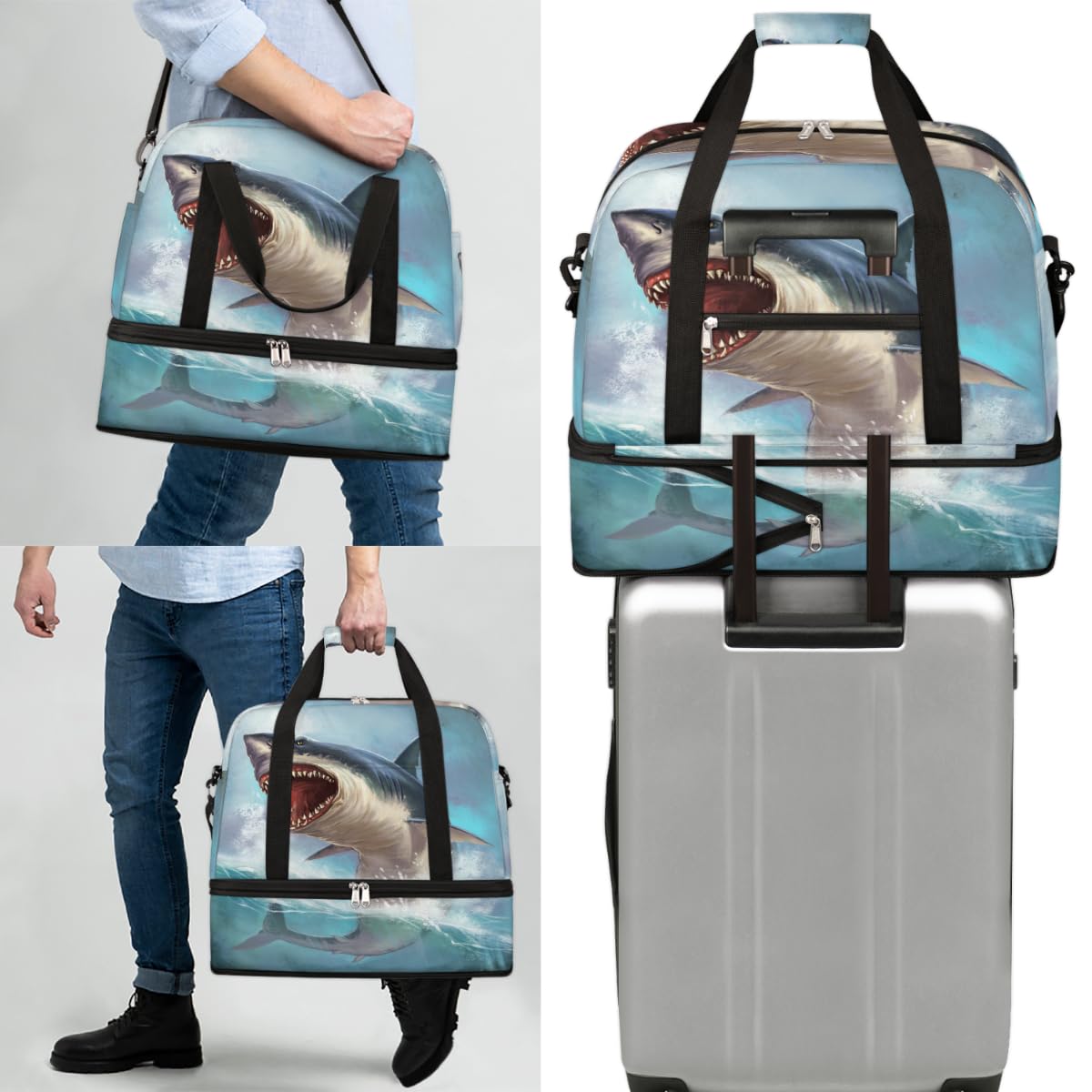 Sea Shark - Bolsa de viaje plegable con diseño de tiburón blanco de 47 litros, bolsa de fin de semana con funda para carrito de transporte, bolsa de hombro separada para deportes, gimnasio, viajes,