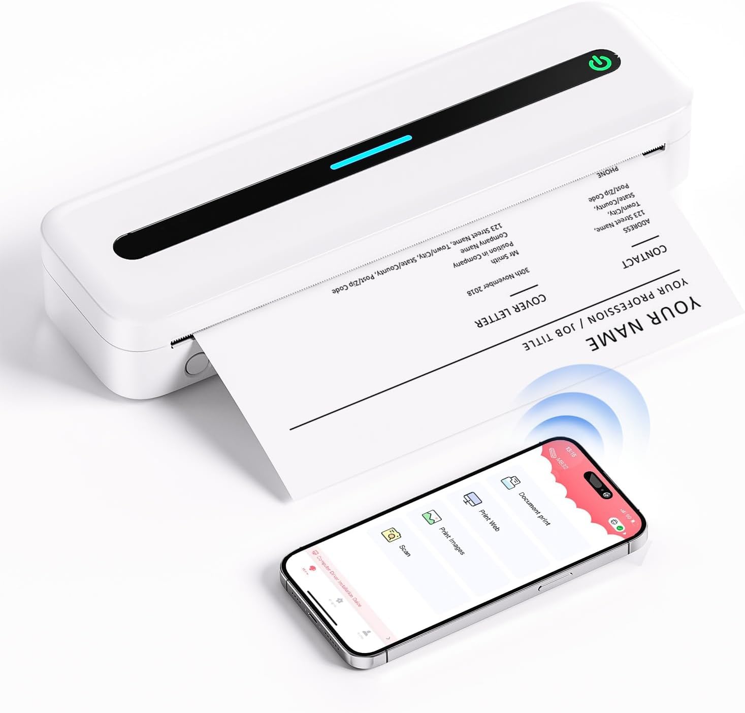 Portable Printer, 300DPI Wireless Bluetooth Thermal Printers, Support Multi-Size Thermal Paper, Compatible with iOS, Android & PC, Inkless Mobile Printer for Travel, Office, School, White-image-5