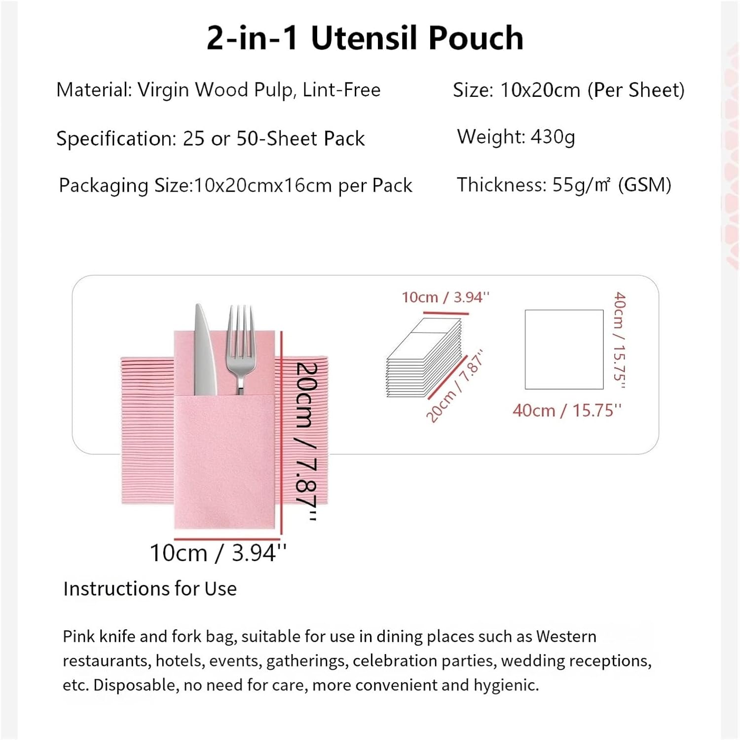 使い捨てフォーク食器パック - バージンウッドパルプ製。広げてパーティー、宴会、ピクニック、お祝いの紙ナプキンとして使えます。(Wh