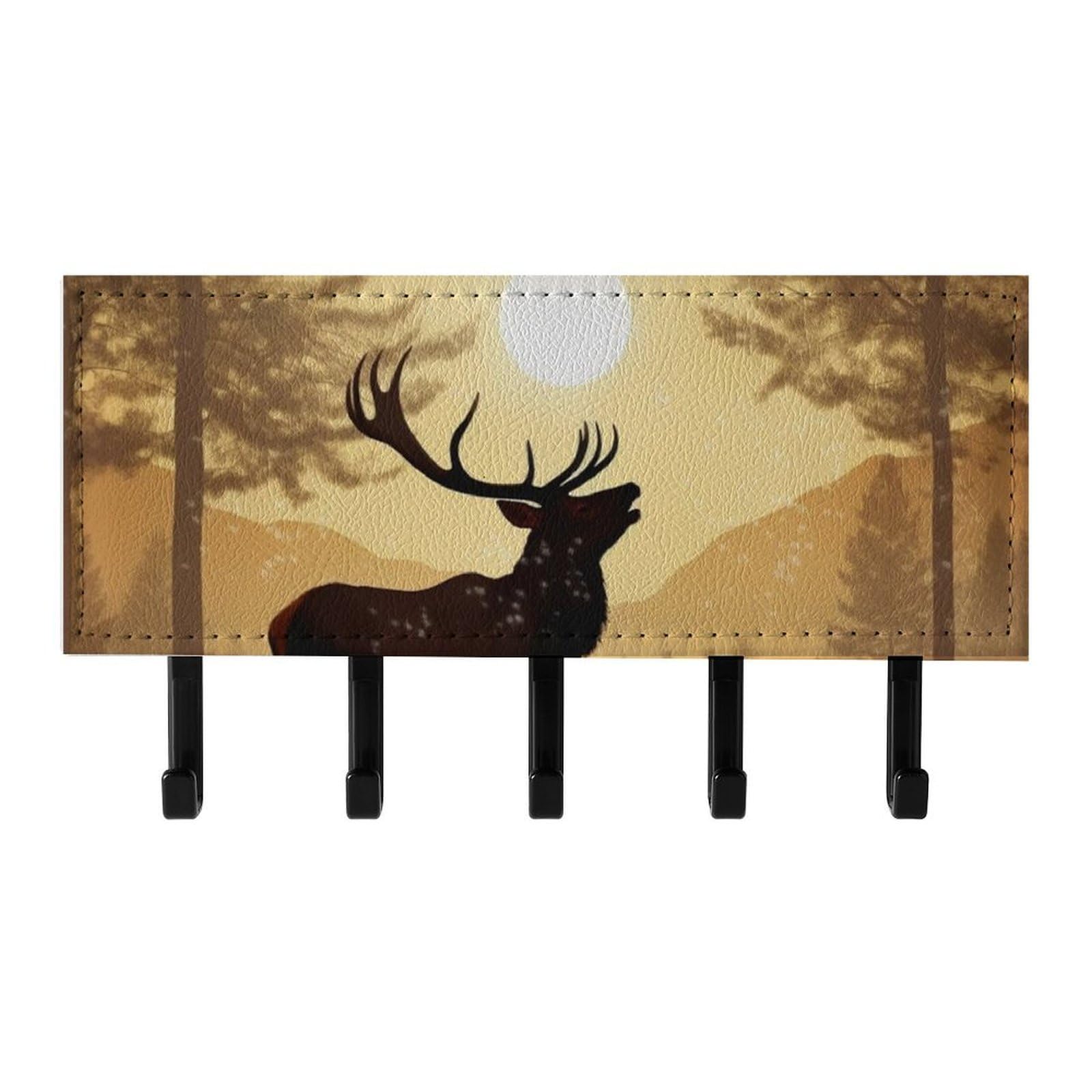 QMNLKH Elk Artwork Wall Mounted Key Rack for Home, No Drilling Key Holder with 5 Hooks, Self Adhesive Keys Chain Organizer for Hallway, Keys Hanger Shelf for Office, Doorway Black