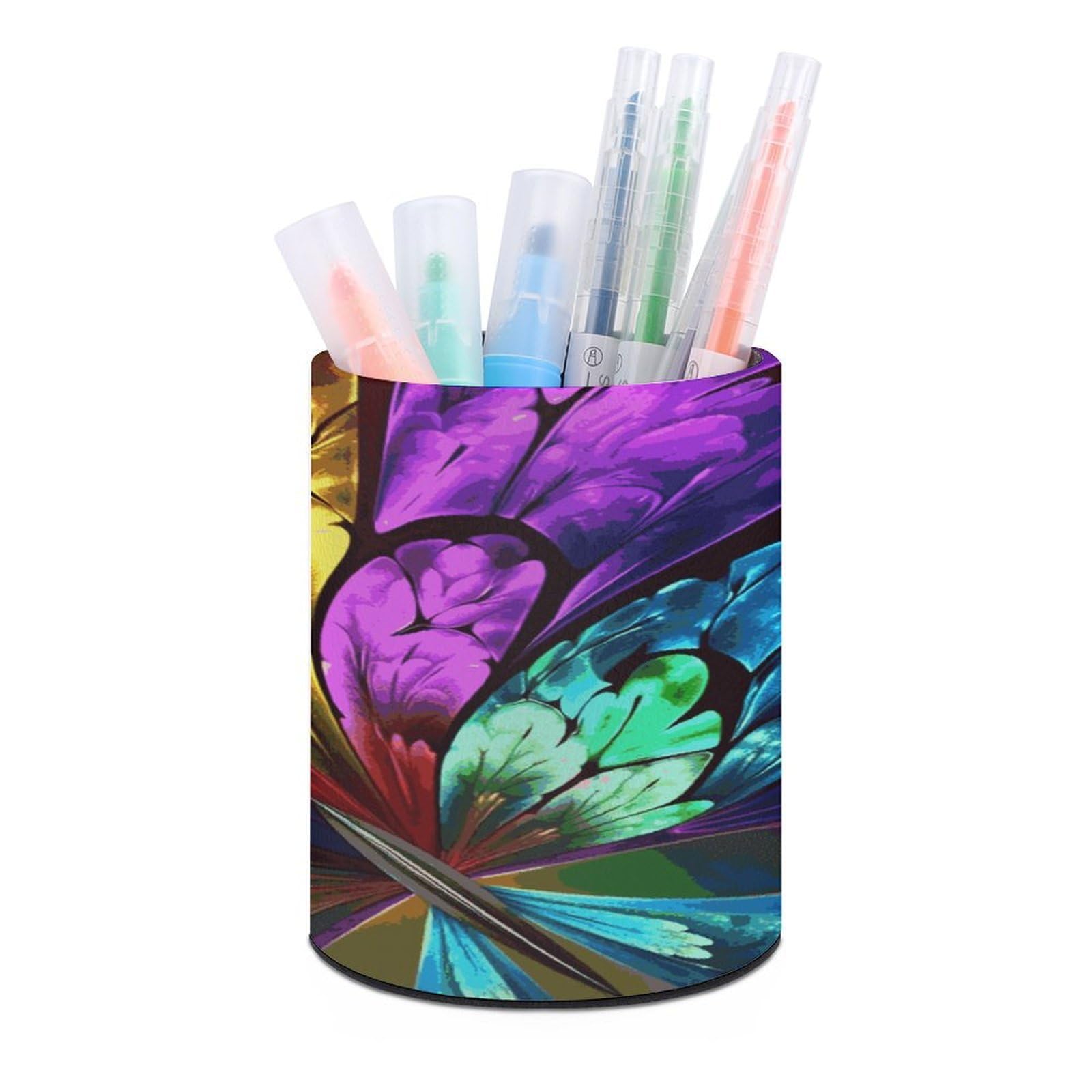 LDGSUPH Rainbow Butterfly Round Pen Holder Leather Pen Cup Pencil Cup Pen Organizer Pencil Holder for Desk Organizer Pencil Organizers Makeup Brush Holders for Home Office Gift