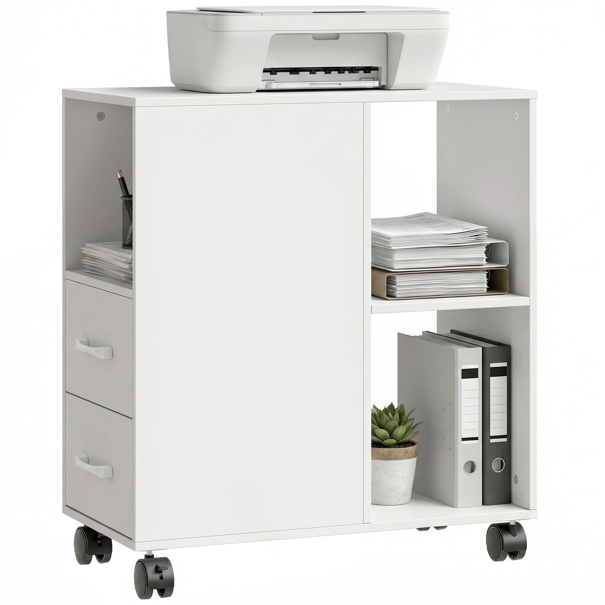 HOMCOM Mobile Porta Stampante a Rotelle con 2 Cassetti, Vano Aperto e Ripiano Regolabile, Mobile Stampante per Documenti da Ufficio e Studio, 60x30x65 cm, Bianco