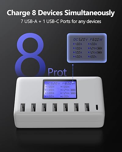 Miniatura 2 de Estación de carga USB de 8 puertos, concentrador USB C multipuerto de 60 W/12 A con pantalla LCD para múltiples dispositivos, carga compacta de