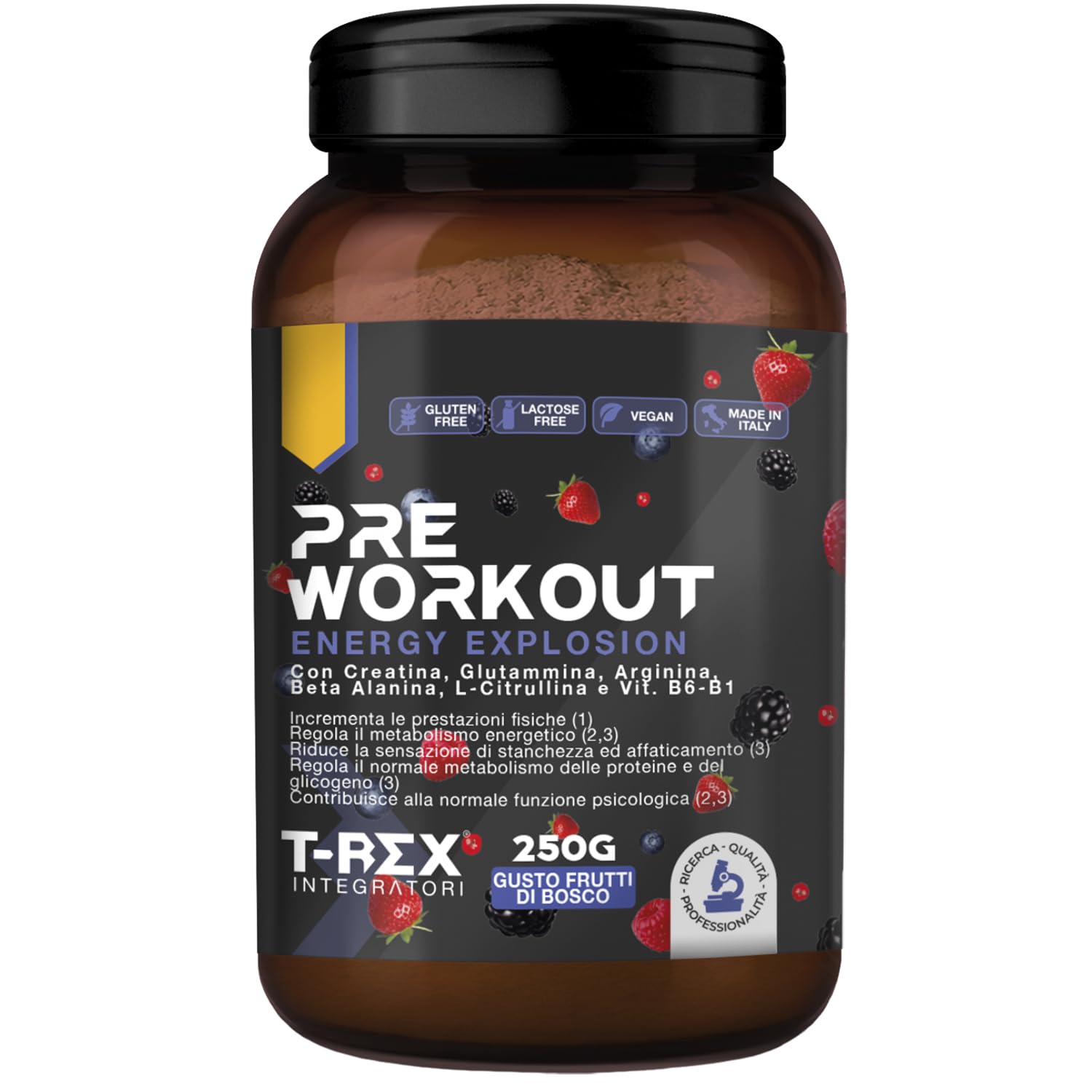 T-Rex Integratori Pre Workout, Energy Drink Potente con Creatina Monoidrata, Citrullina, Taurina, Arginina, Beta Alanina e Vitamine - Senza Caffeina, 250 g (250 g (Confezione da 1), Frutti di Bosco)