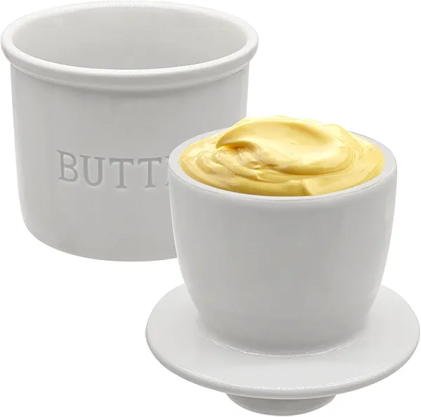 MKYHBOO Ceramic Butter Crock, Airtight Butter Crock With Lid for Countertop, Round French Butter Keepers, Porcelain Butter Dish With Lid (White)
