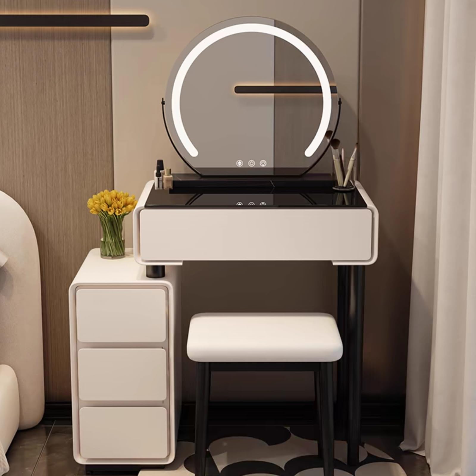 Set da trucco illuminato con luminosità regolabile, grande tavolo con cassetti e armadietti, design compatto per piccoli spazi, include sedia, perfetto per gli amanti della bellezza