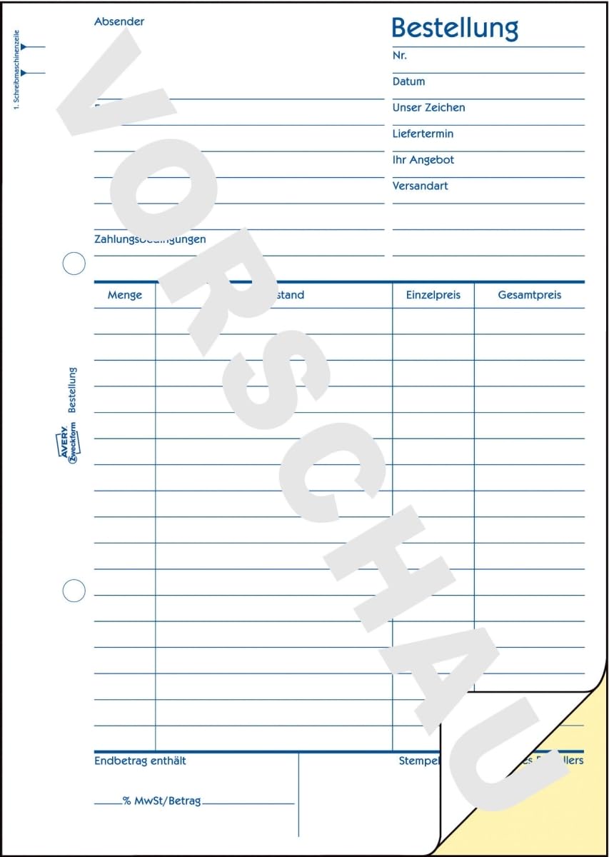 AVERY Zweckform 10 x Formularbuch Bestellung A5 selbstdurchschreibend 2x40 Blatt