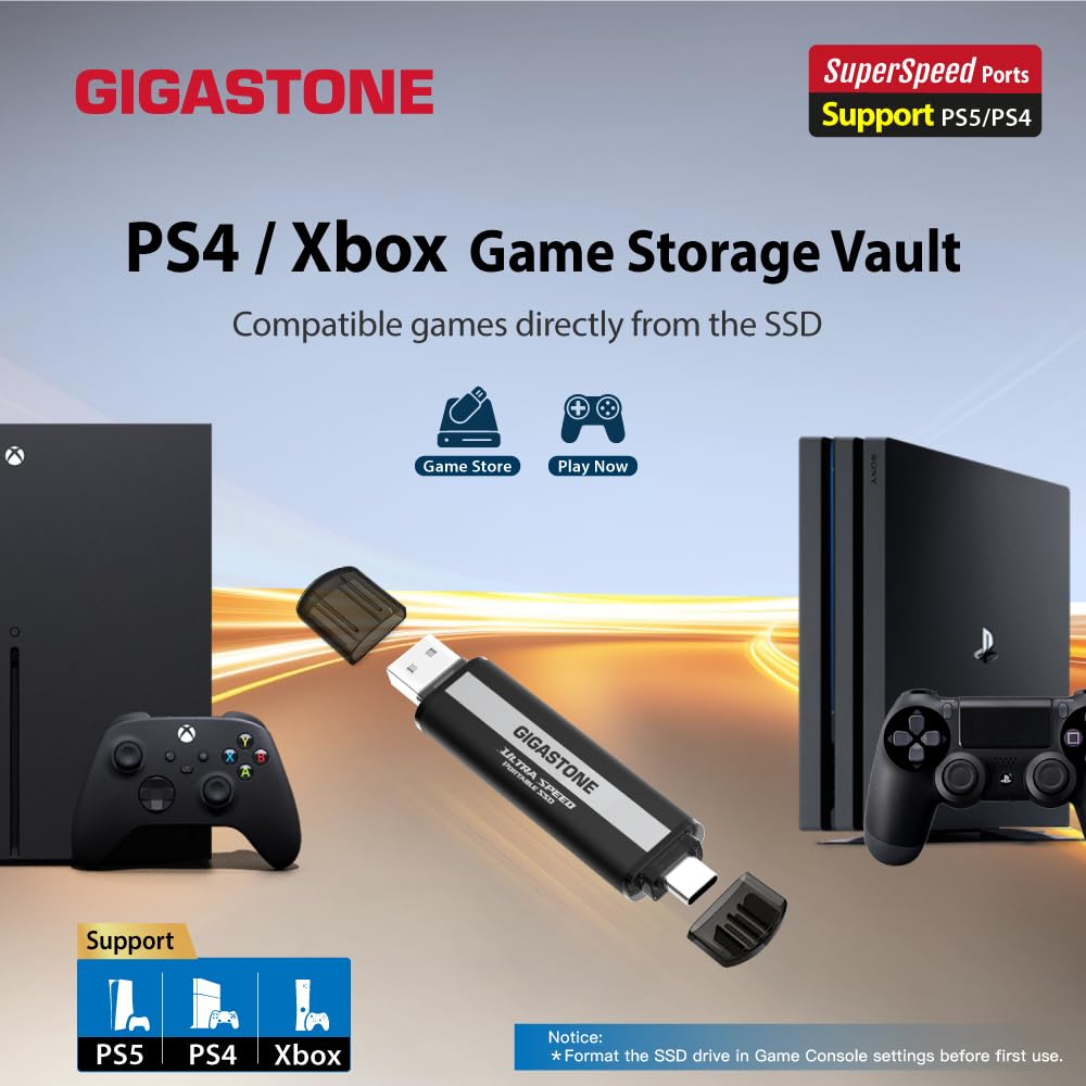 Gigastone SSD Esterno USB-C 1 TB PS5 iPhone 15 USB 3.2 Gen2 1050 MB/s Tipo-A + Tipo-C Unit? SSD Portatile per MacBook iPad Playstation Xbox SSD da Gioco Disco Rigido di Backup