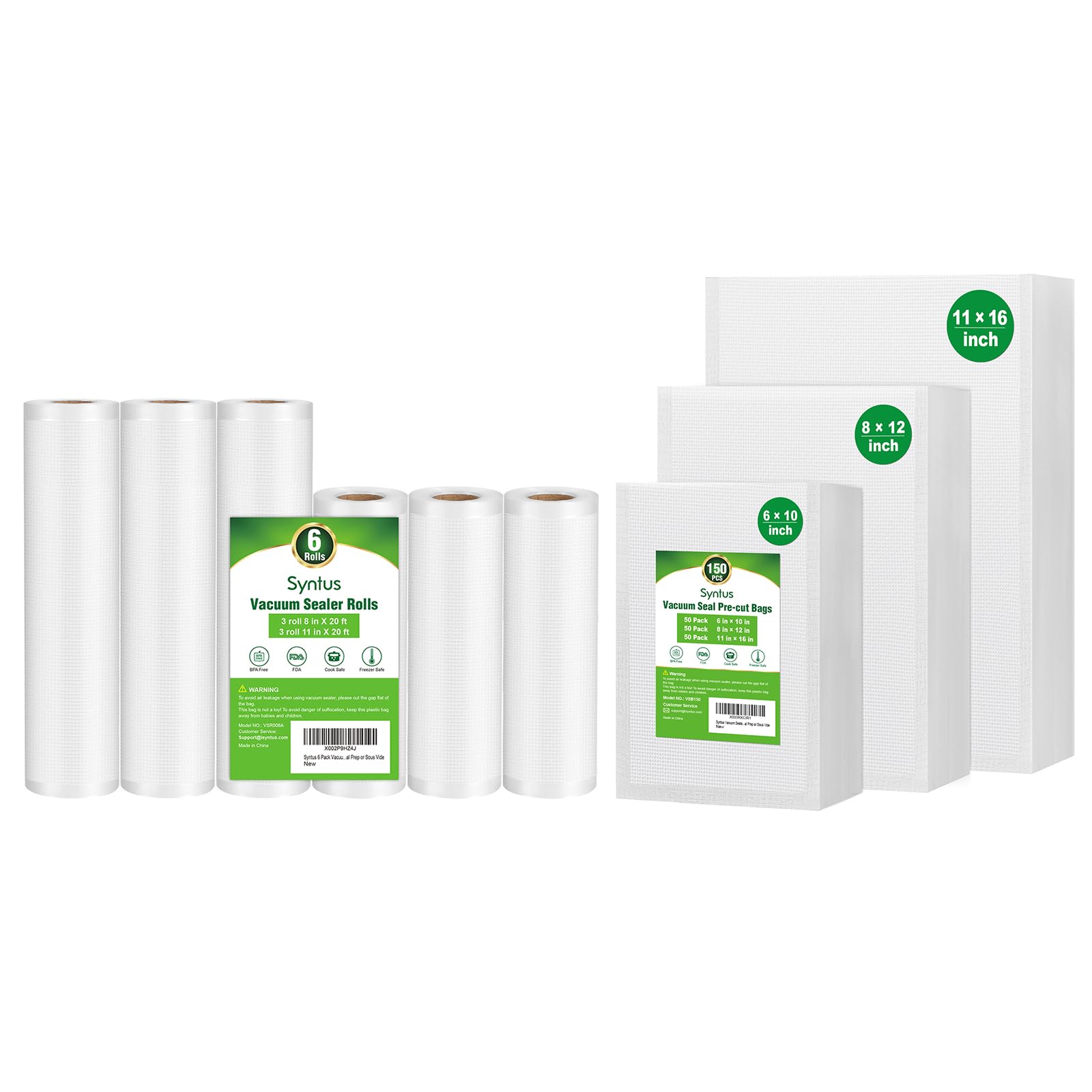 Syntus Vacuum Sealer Bags, 6 Rolls 11" x 20' and 8" x 20' + 150 Counts Gallon 11" x 16" and Quart 8" x 12" and Pint 6" x 10" Commercial Grade Bags, Food Vac Bags for Storage, Meal Prep or Sous Vide
