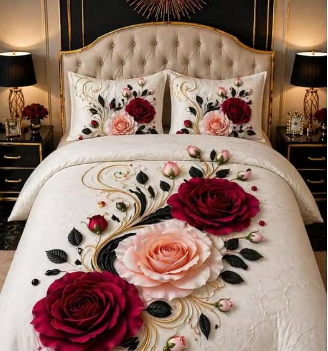 floral rose print bedding set, white with red and pink roses | 3d rose design, matching pillow covers, gold accent pattern, bedroom decor, double bed size