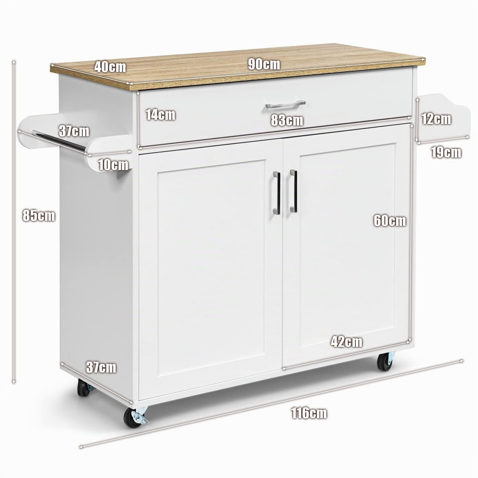 GIANTEX Desserte à roulettes avec Plan de Travail 90 x 40 cm, Desserte de Cuisine avec Grand Tiroir et Armoire à 2 Portes, Porte-Épices et Porte-Serviettes,116 x 40 x 85 cm (Blanc)