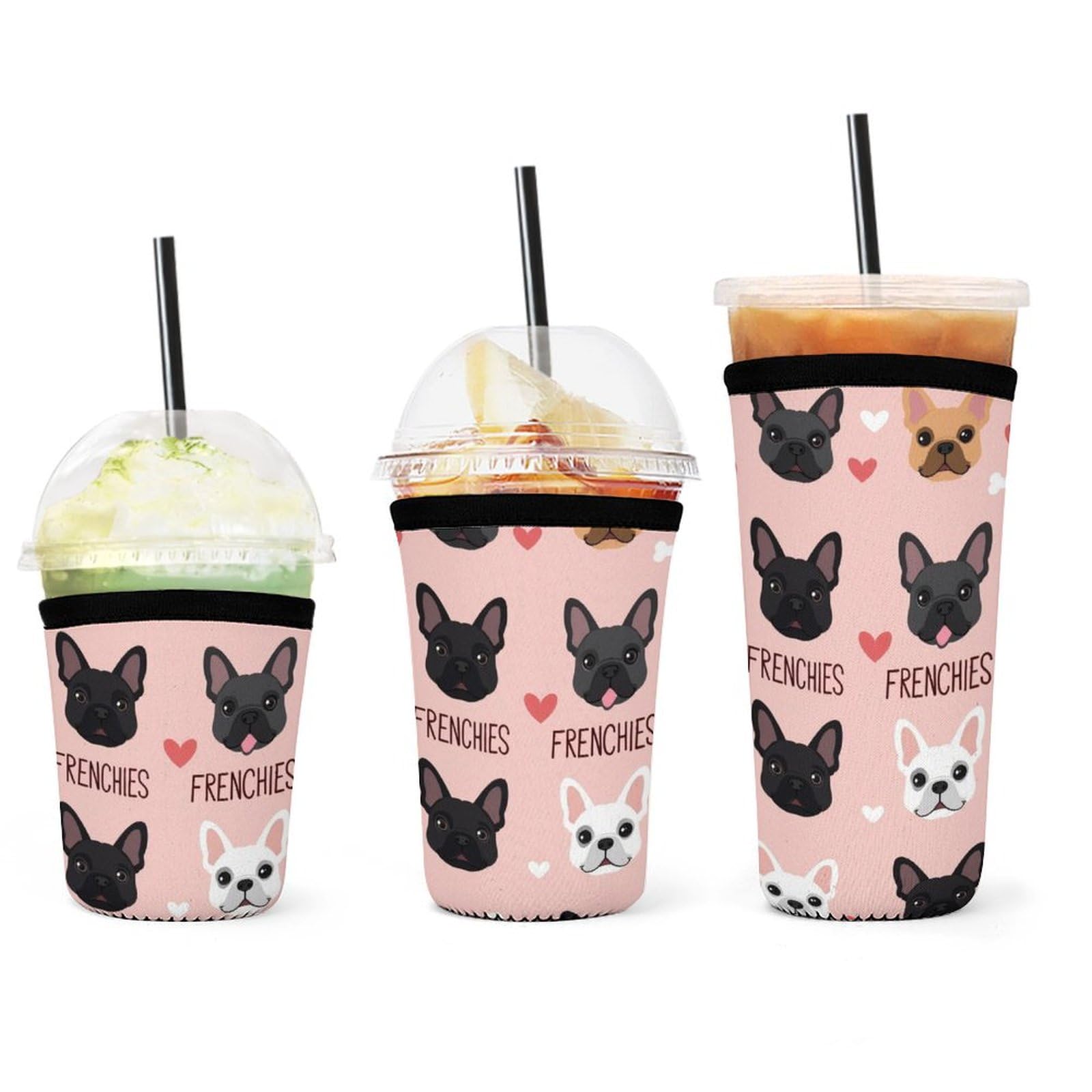 Reusable I Love French Bulldogs Cute Neoprene Iced Coffee Cup Holder for Hot Cold Drinks, Heat Preservation Cup Sleeve for Most Cups Shapes