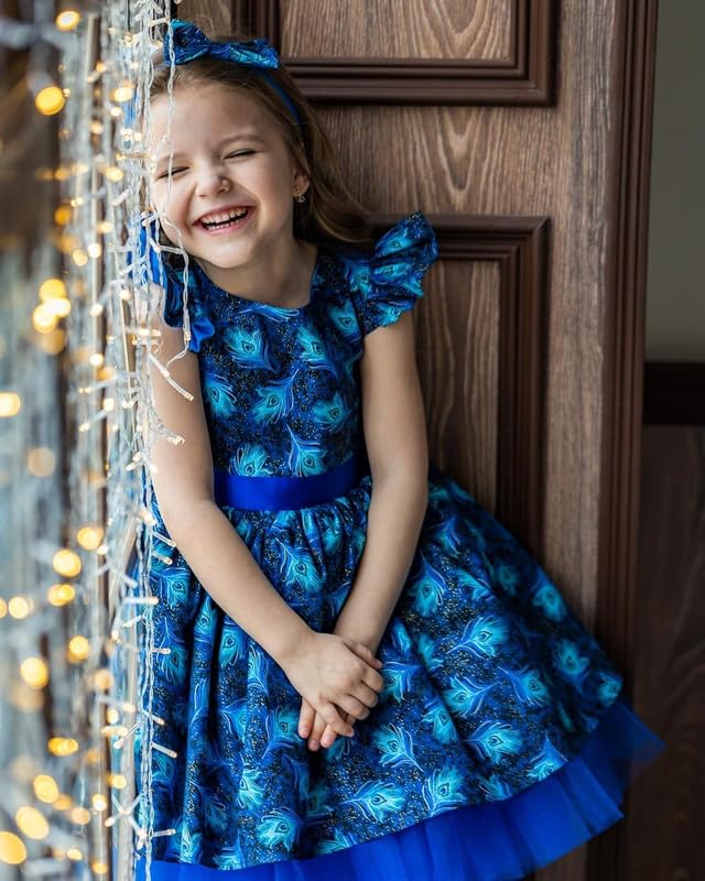 Image of Niren Enterprise Blue Dragon Peacock Feather ptinted Baby Girl Dress and Frock