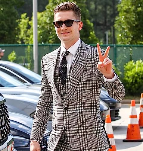 Kromoc Men's Houndstooth Jacket Vest Pants Suit Peak Lapel Tuxedos Two Buttons Formal Business Casual Dinner2