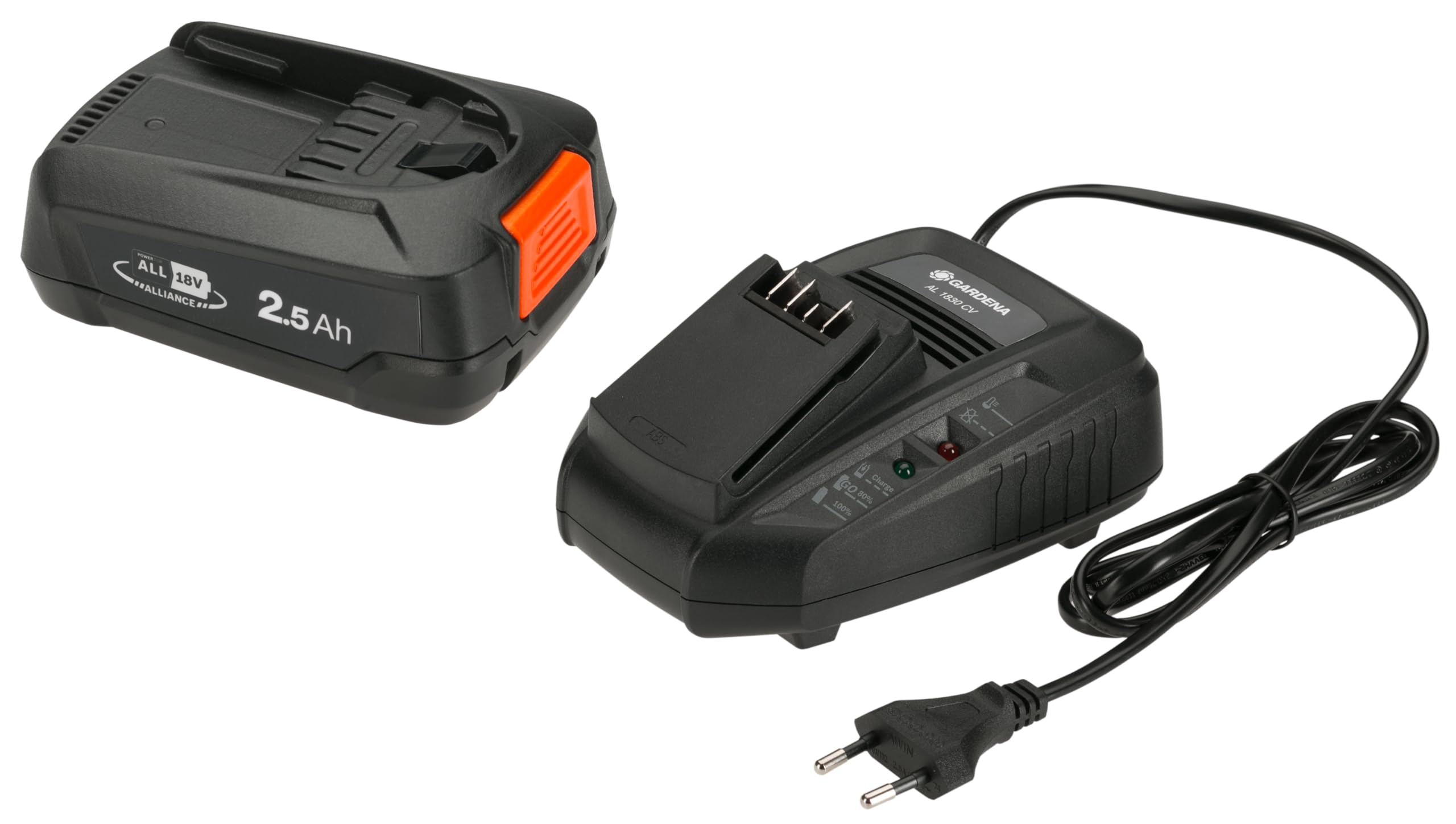 GARDENA Starter Kit P4A PBA 18V/45 2,5 Ah + AL 1830 CV: lo Starter Kit comprende il caricabatterie rapido GARDENA AL 1830 CV e una batteria da 2,5 Ah GARDENA POWER FOR ALL PBA 18V/45 (14906-20)