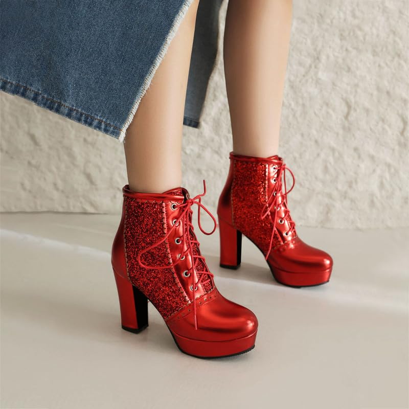 KOKOMOMO Sparkly Platform Ankle Boots Short Sequin Glitter Combat Boots Chunky Heeled Lace Up Booties3