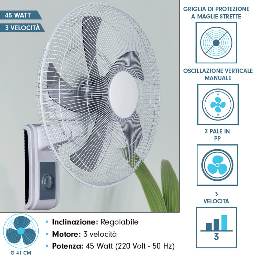 BAKAJI Ventilatore da Parete Potenza 45 Watt, Diametro 41 cm, 3 Velocità Selezionabili, Inclinazione Regolabile, Montaggio a Muro Stabile e Resistente, Ultra Silenzioso, Tensione 220 Volt - 50 Hz