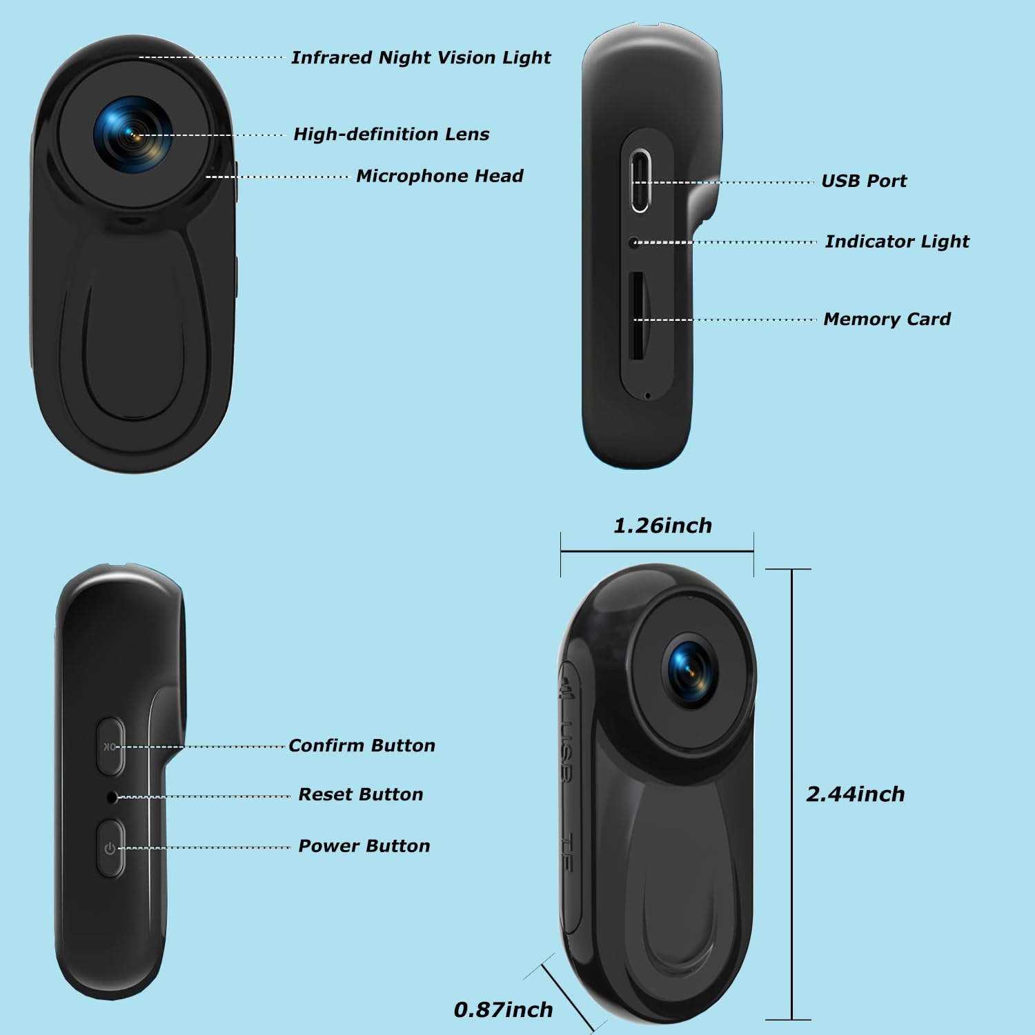 SHMIZZ Mini Caméra Sport 1080P, Camera d'Action Corporelles et Carte Mémoire 32 Go Camera, Mini Vlog Pocket Caméra Sport,120° Grand Angle Caméra d’Action avec Enregistrement audio et Vidé -avec 350mAh