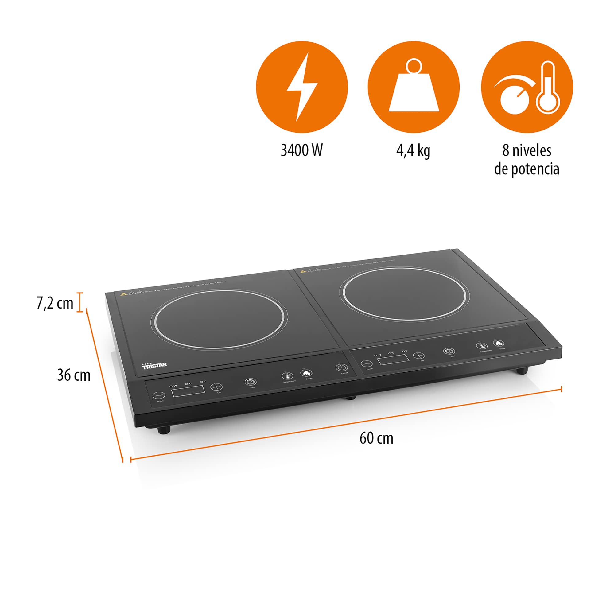 Tristar IK-6179 Placa de inducción doble con 8 niveles de potencia, 1400 W, Vidrio, Negro