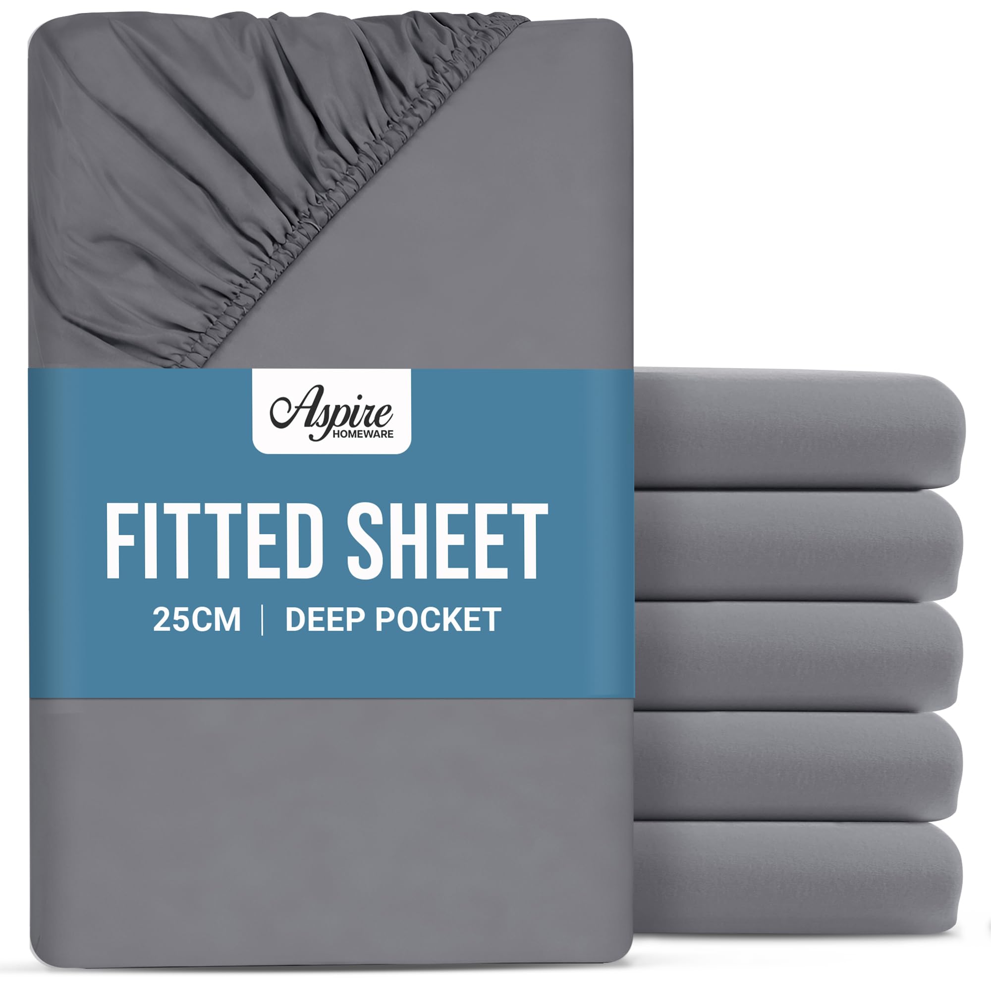 Aspire Homeware Small Double Fitted Sheet - 25cm Deep 6 Pack (Grey)