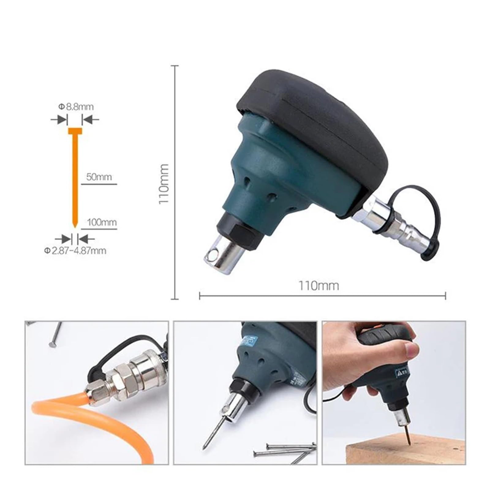 Młot pneumatyczny Mini gwoździarka pneumatyczna 8,8MM*100MM stalowy młotek do gwoździ gwoździarki narzędzia dekoracyjne 5,5-7BAR do obróbki metalu