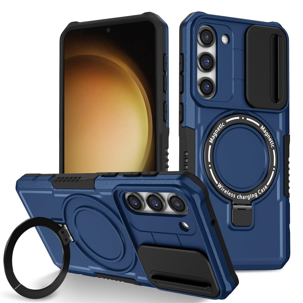 Generic Coque compatible avec Samsung Galaxy S23 FE (couleur : bleu foncé) anneau rotatif support rigide en silicone