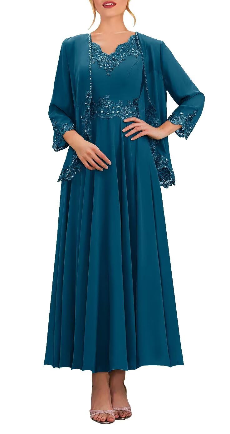 Beaded 2 Piece Tea Length Mother of The Bride Dresses for Wedding with Jacket 3/4 Sleeve Lace Formal Evening Gown